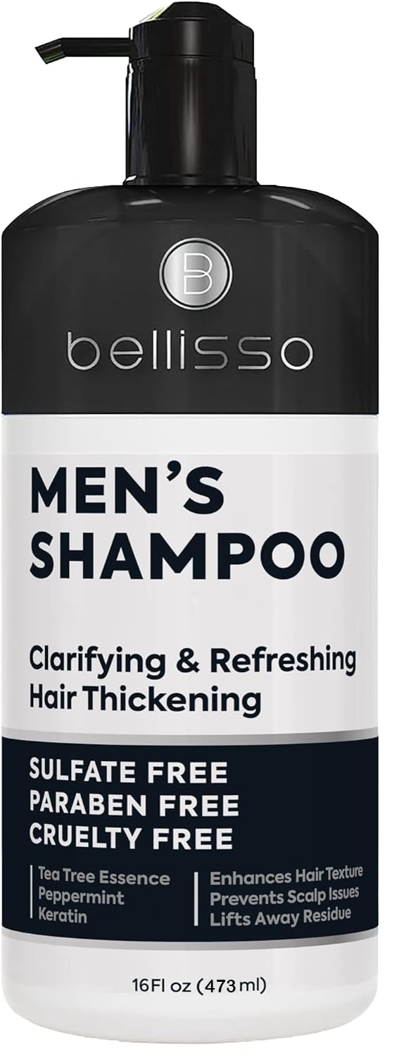 Bellisso shampoo para hombres: botella con árbol de té y menta, limpieza profunda y refrescante.