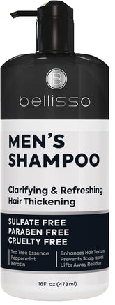 Bellisso shampoo para hombres: botella con árbol de té y menta, limpieza profunda y refrescante.