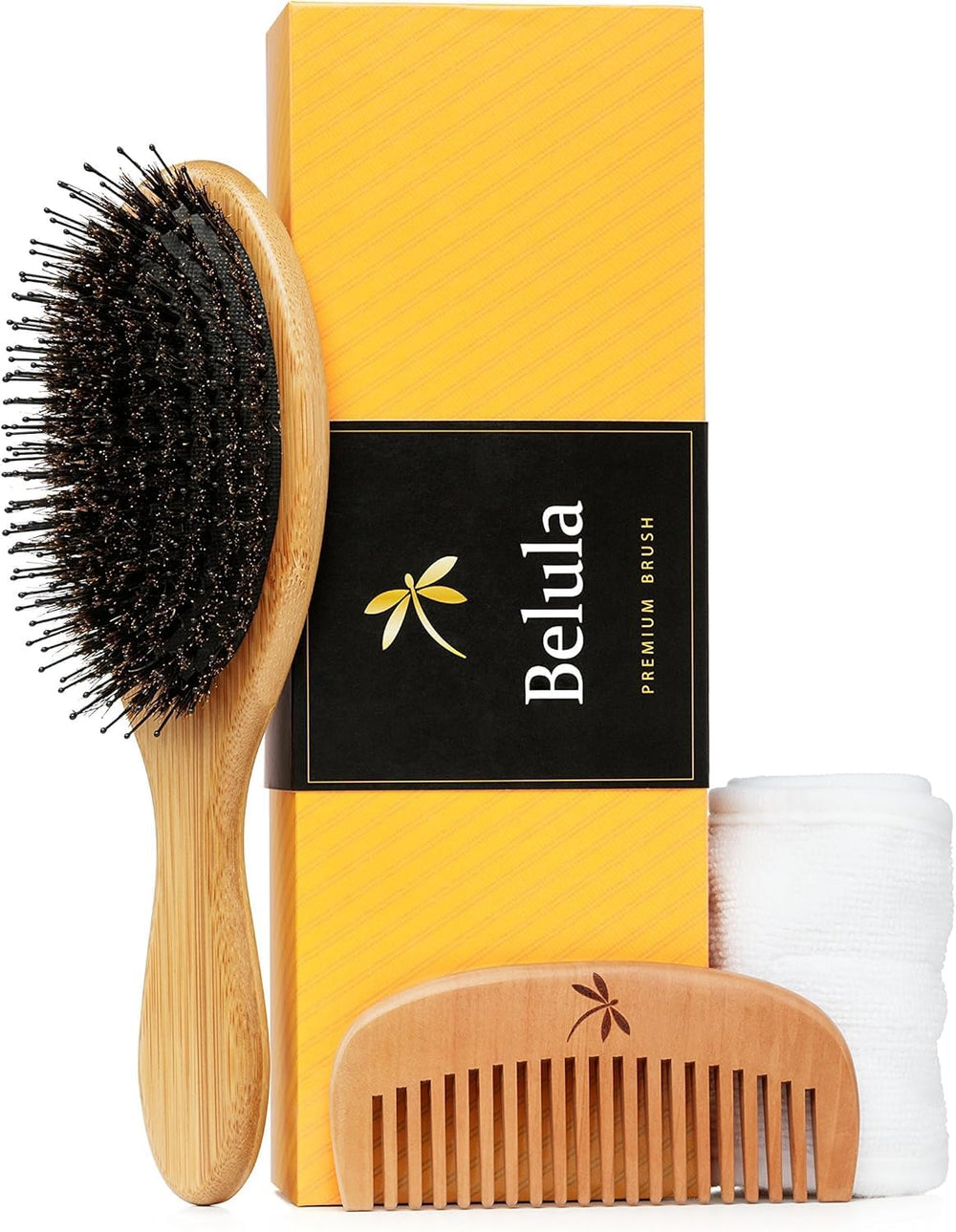 Belula Premium Boar Bristle Hair Brush smooths thick hair with shine.