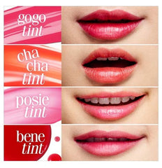 Benefit Benetint Mini lip color close-up shows buildable tint from natural to vibrant looks.