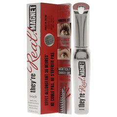Benefit They're Real Magnet mascara packaging highlights compact 0.32 oz size for travel.