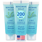 BERGMAN KELLY travel-size 2in1 bottle with tropical waterfall scent for guest bathrooms.