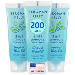BERGMAN KELLY travel-size 2in1 bottle with tropical waterfall scent for guest bathrooms.