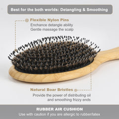 BESTOOL dual-bristle brush detangles thick hair while distributing natural oils for smoother shine.