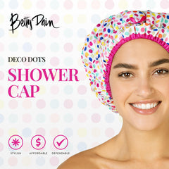 Betty Dain Fashionista Deco Dots shower cap side view fits comfortably while showering.