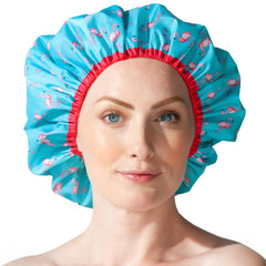 Betty Dain Fashionista Flamingo Cap close-up shows soft frosted PEVA for waterproof protection.