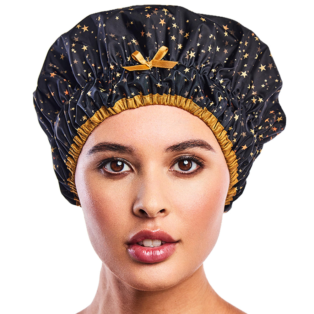 Betty Dain Fashionista Starry Nights cap side view showing waterproof design for hair protection