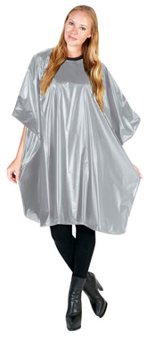 Betty Dain Jumbo Shampoo Cape front view in silver, offering full client coverage for comfortable sessions.