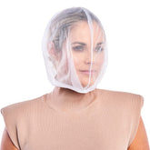 Betty Dain makeup protector hood in white chiffon shields makeup during dressing.