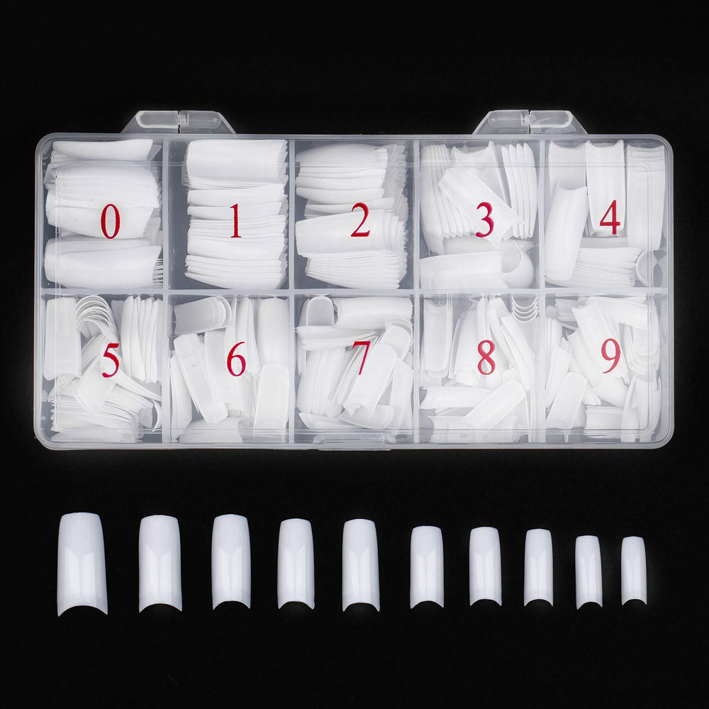 Beuniar acrylic nail tips white in box with precise sizes for easy fitting.