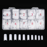 Beuniar acrylic nail tips white in box with precise sizes for easy fitting.