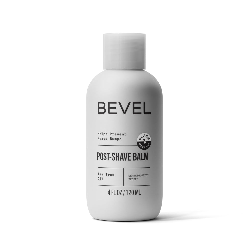 Bevel aftershave balm jar closeup, soothing post-shave cream for calm skin.