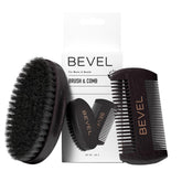 Bevel beard brush with pearwood and boar bristles for detangling and moisture retention.