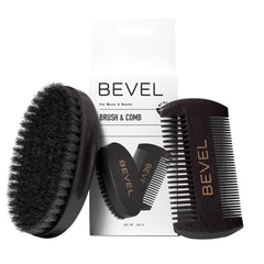 Bevel beard brush with pearwood and boar bristles for detangling and moisture retention.