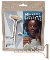 Bevel Essentials disposable razor pack front, travel-ready and compact for busy mornings.