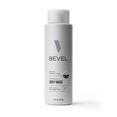 Bevel gel de baño exfoliante cassis oscuro, botella para limpieza suave.