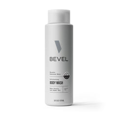 Bevel gel de baño exfoliante cassis oscuro, botella para limpieza suave.