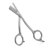 BEZOX eyebrow scissors with comb closeup showing precise trimming and hair lifting.