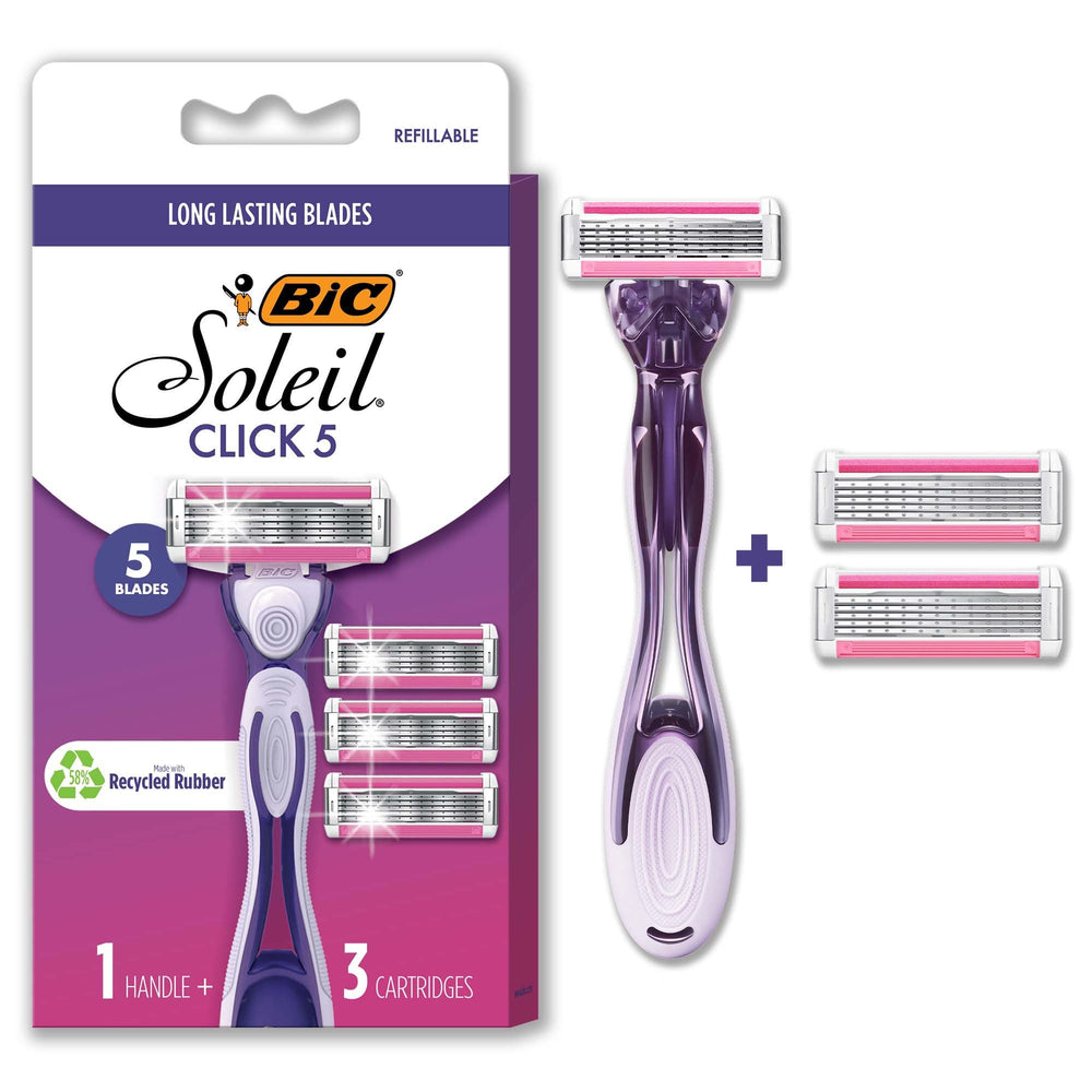 BIC Click 5 Soleil razor handle offers ergonomic grip for precise control.