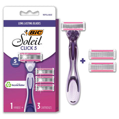 BIC Click 5 Soleil razor handle offers ergonomic grip for precise control.