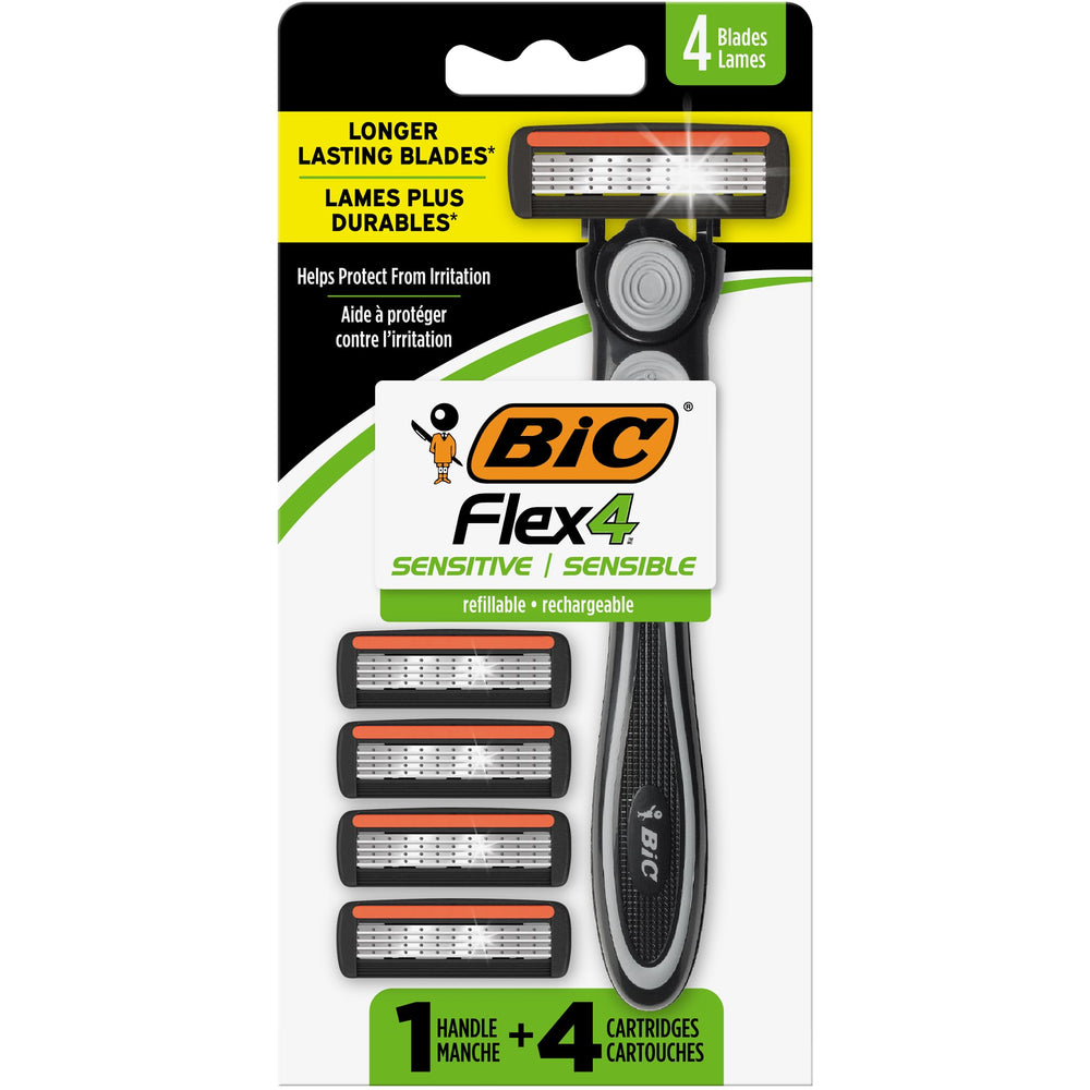 BIC Flex 4 razor with handle and four cartridges, travel-ready.
