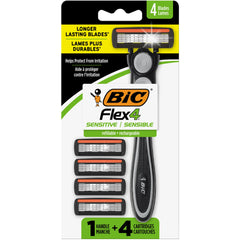 BIC Flex 4 razor with handle and four cartridges, travel-ready.