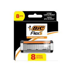 BIC Flex 5 razor packaging image showing an eight-cartridge set for versatile grooming.