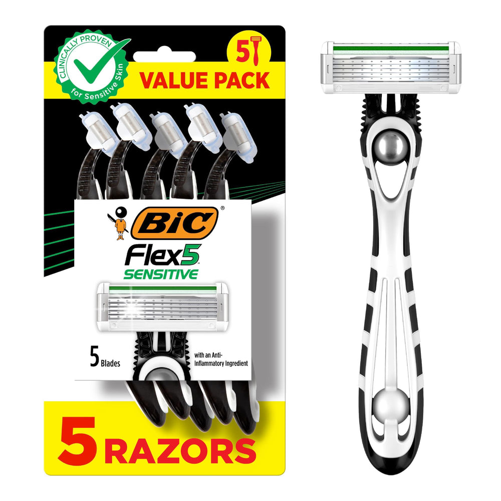BIC Flex 5 Sensitive razor pack with five blades for a close, comfortable shave.