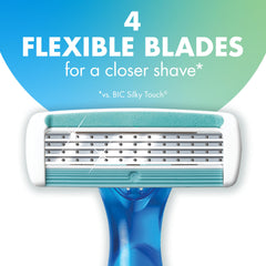 Close-up of four flexible blades on the BIC Soleil 4 razor for precision.