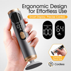 Bicboz callus remover with LED display demonstrates battery life and speed feedback.