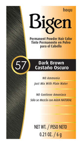 Bigen #57 Dark Brown powder pack front for quick, even gray coverage.