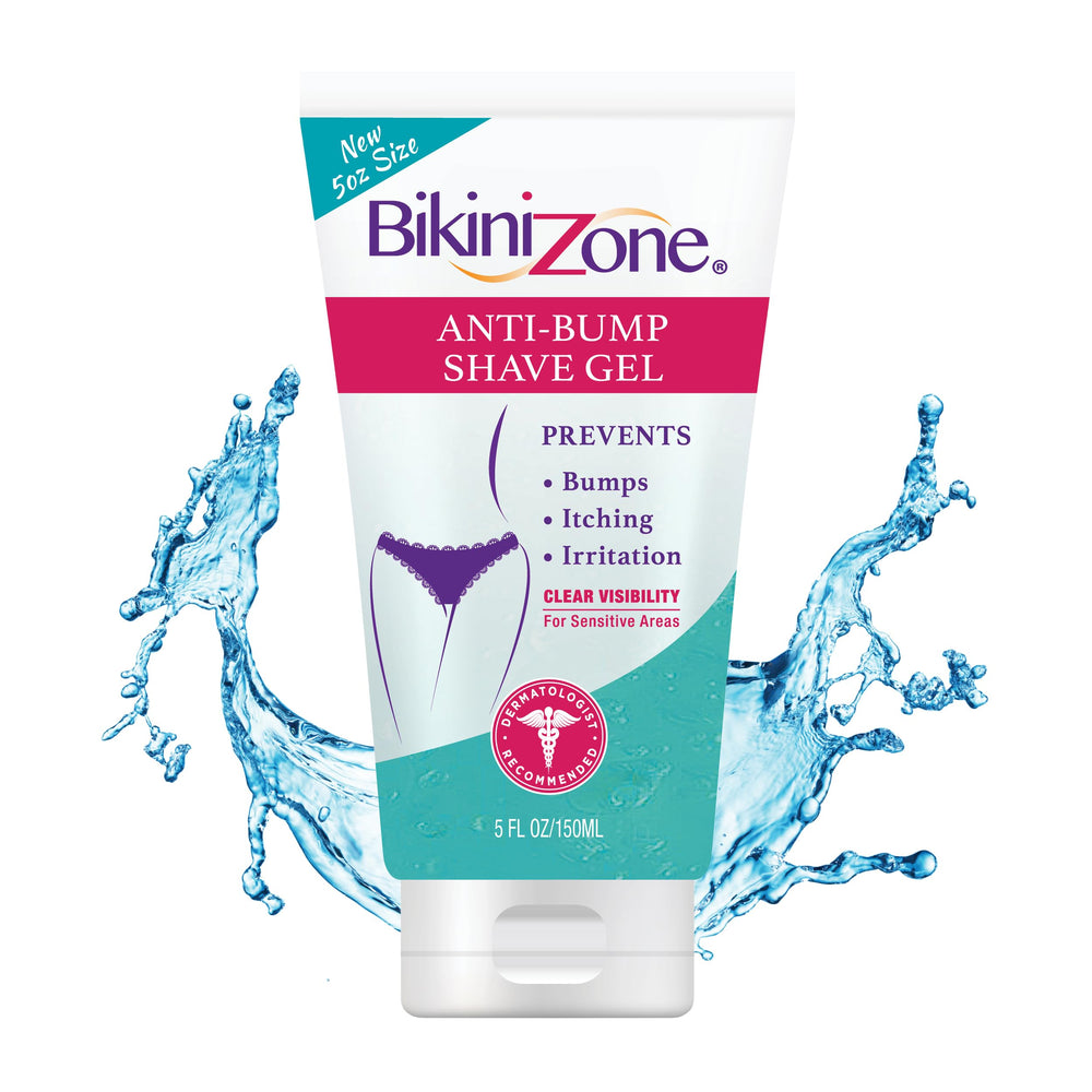 Bikini Zone anti-bump shave gel bottle showing 5 oz packaging for precise shaving.