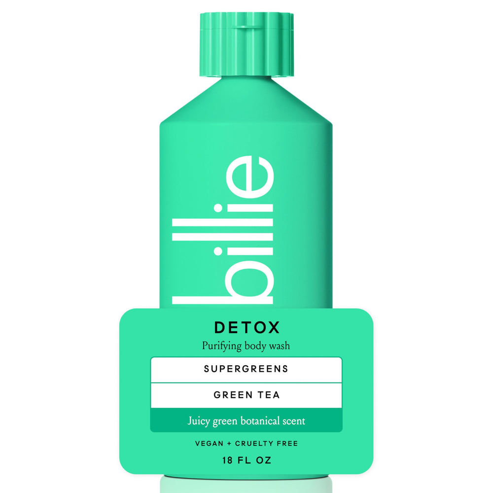 Billie Detox Purifying Body Wash bottle shows vegan formula for daily refreshing cleanse.