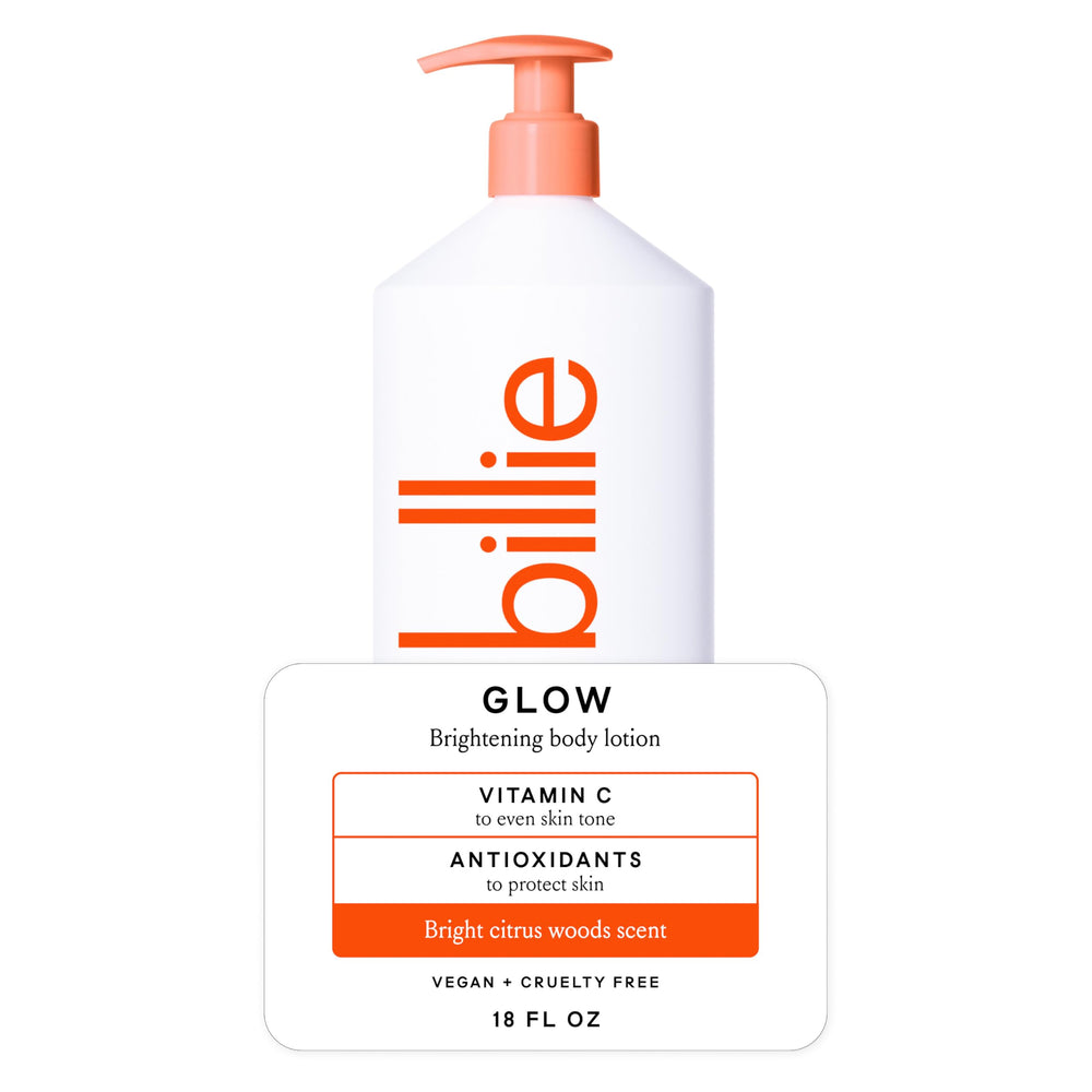 Billie Glow loción iluminadora en botella, hidratación suave y brillo discreto.