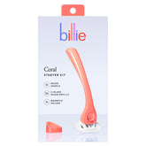 Billie razor handle in coral, ergonomic grip for precise shaving.