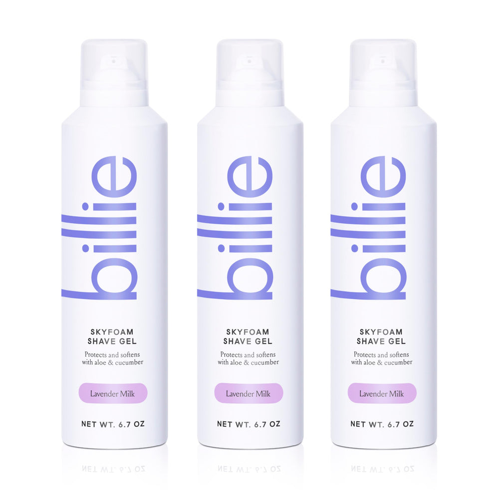 Billie SkyFoam shave gel activates into lavender-milk foam for a smooth shave.
