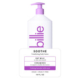 Billie Soothe body lotion bottle front shows vegan formula for quick absorption
