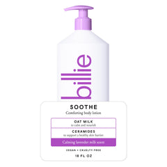 Billie Soothe body lotion bottle front shows vegan formula for quick absorption