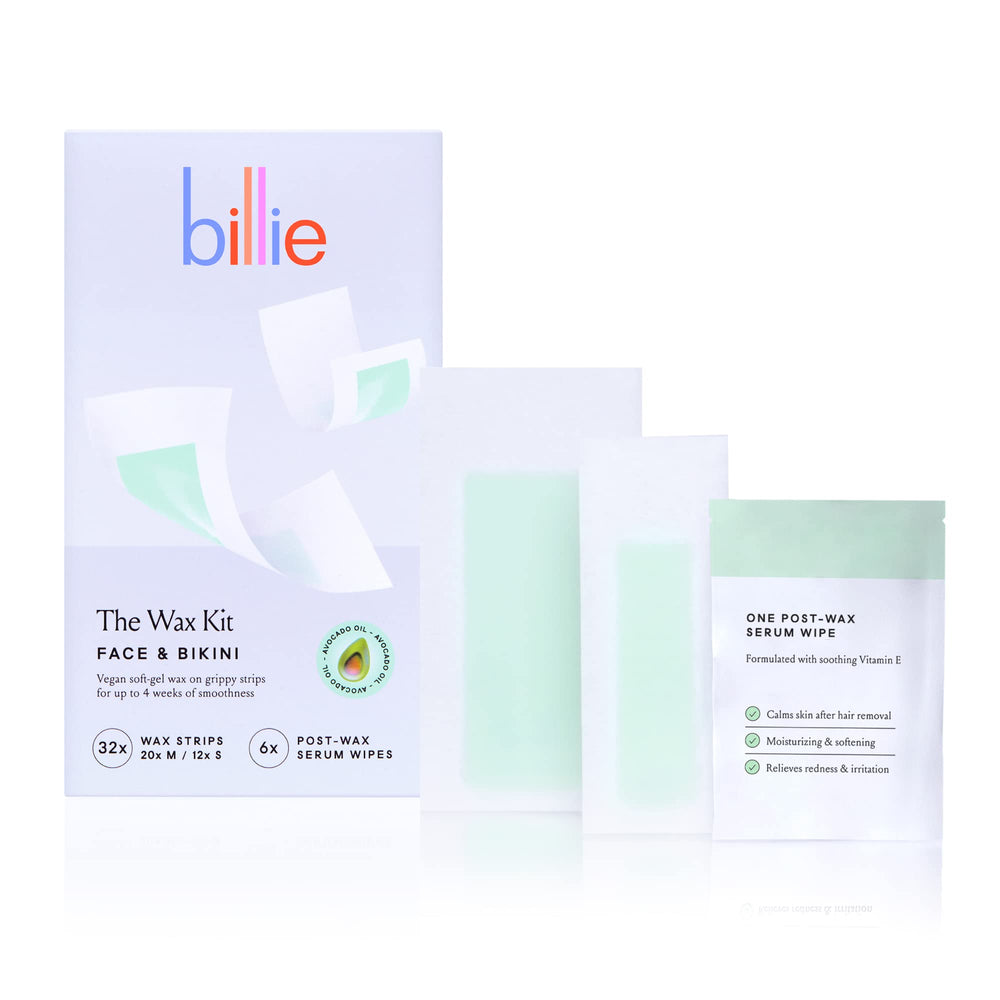 Billie Wax Kit in package shows face and bikini strips for quick hair removal prep.