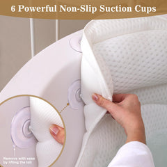 Binobella bath pillow with six suction cups stays secure for uninterrupted bathing.
