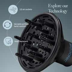 Bio Ionic diffuser dial controls airflow for tailored styling and frizz reduction.