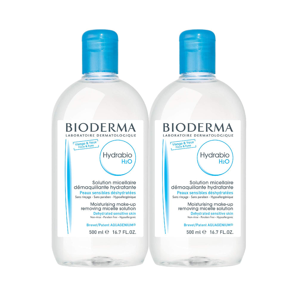 Bioderma Hydrabio H2O bottle close-up highlighting hydrating micellar formula for sensitive skin.