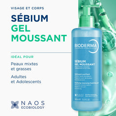 Etiqueta Bioderma en Sébium Gel Espumoso, purifica piel propensa a brillos.