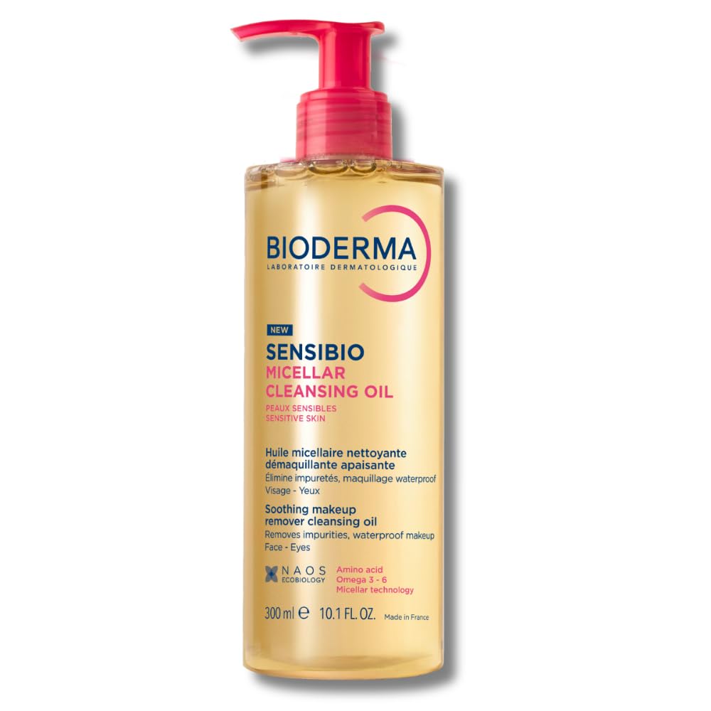 Bioderma Sensibio Micellar Cleansing Oil bottle close-up, oil-to-milk cleansing.