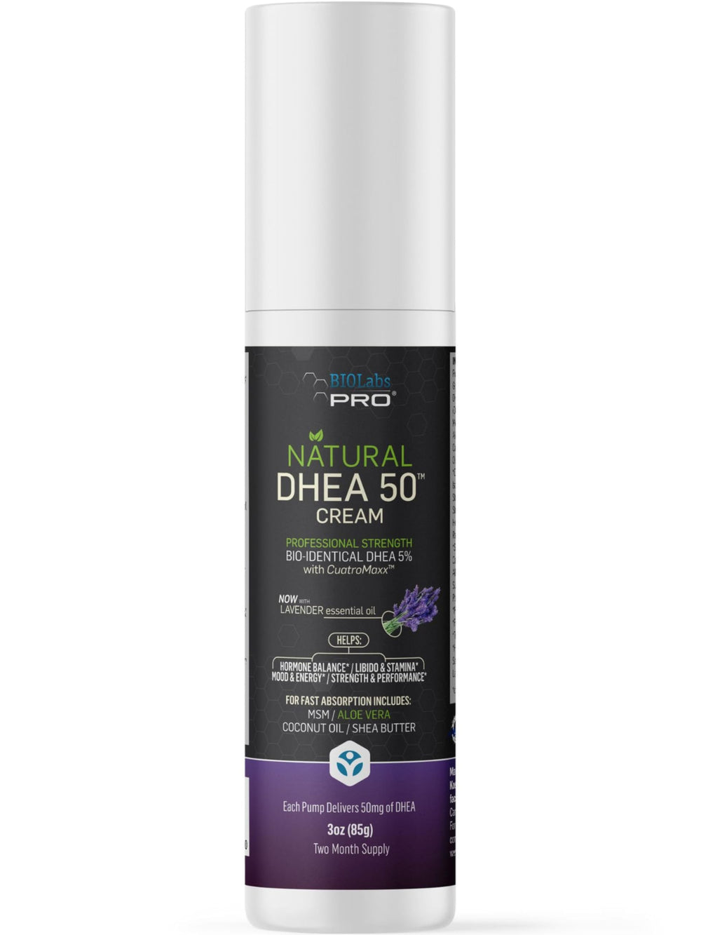 BIOLABS PRO DHEA cream bottle with lavender label for daily use.