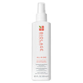 Biolage All-In-One Multi-Benefit Spray bottle shows lightweight conditioning and heat protection.