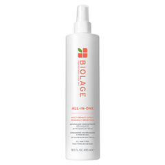 Biolage All-In-One Spray bottle shows lightweight hydration and multi-benefit care for hair.