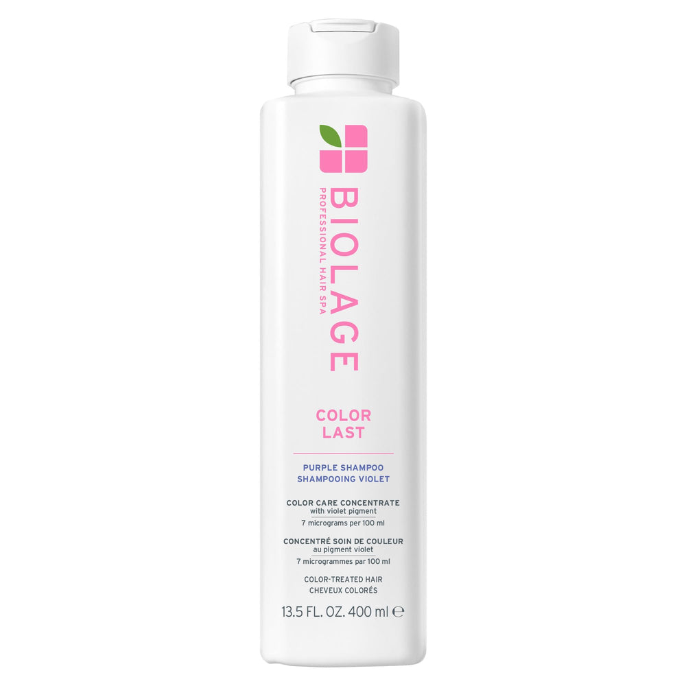 Biolage Color Last Purple Shampoo bottle with violet pigments for cooler blonde tones.