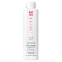 Biolage Color Last Purple Shampoo bottle with violet pigments for cooler blonde tones.