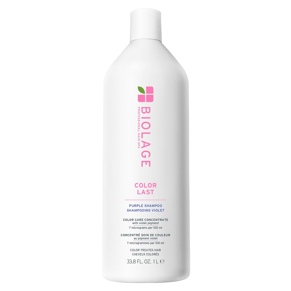 Biolage Color Last Purple Shampoo bottle showing pigment neutralizing brass